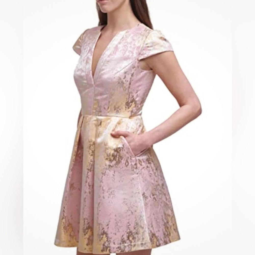 VINCE CAMUTO Womens Gold Cap Sleeve Split Short Cocktail Fit + Flare Dress